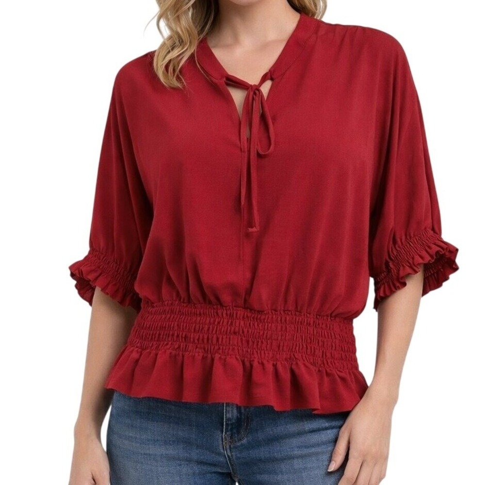 Available by Angela Fashion Smocked Peplum Blouse Womens Medium Red Tie Neck Top